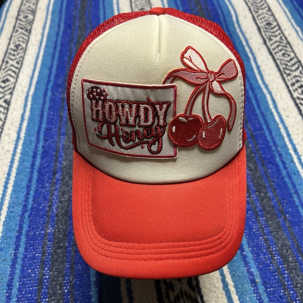 Howdy Honey Cherry Bow Trucker Hat Red White Mesh Snapback Western Cowgirl